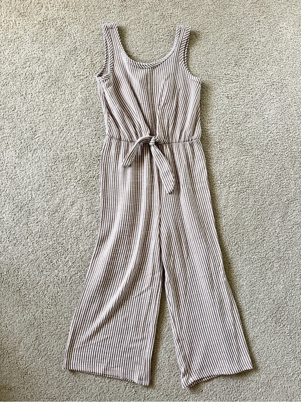 Girl’s Striped Sleeveless Jumpsuit - Taupe & White